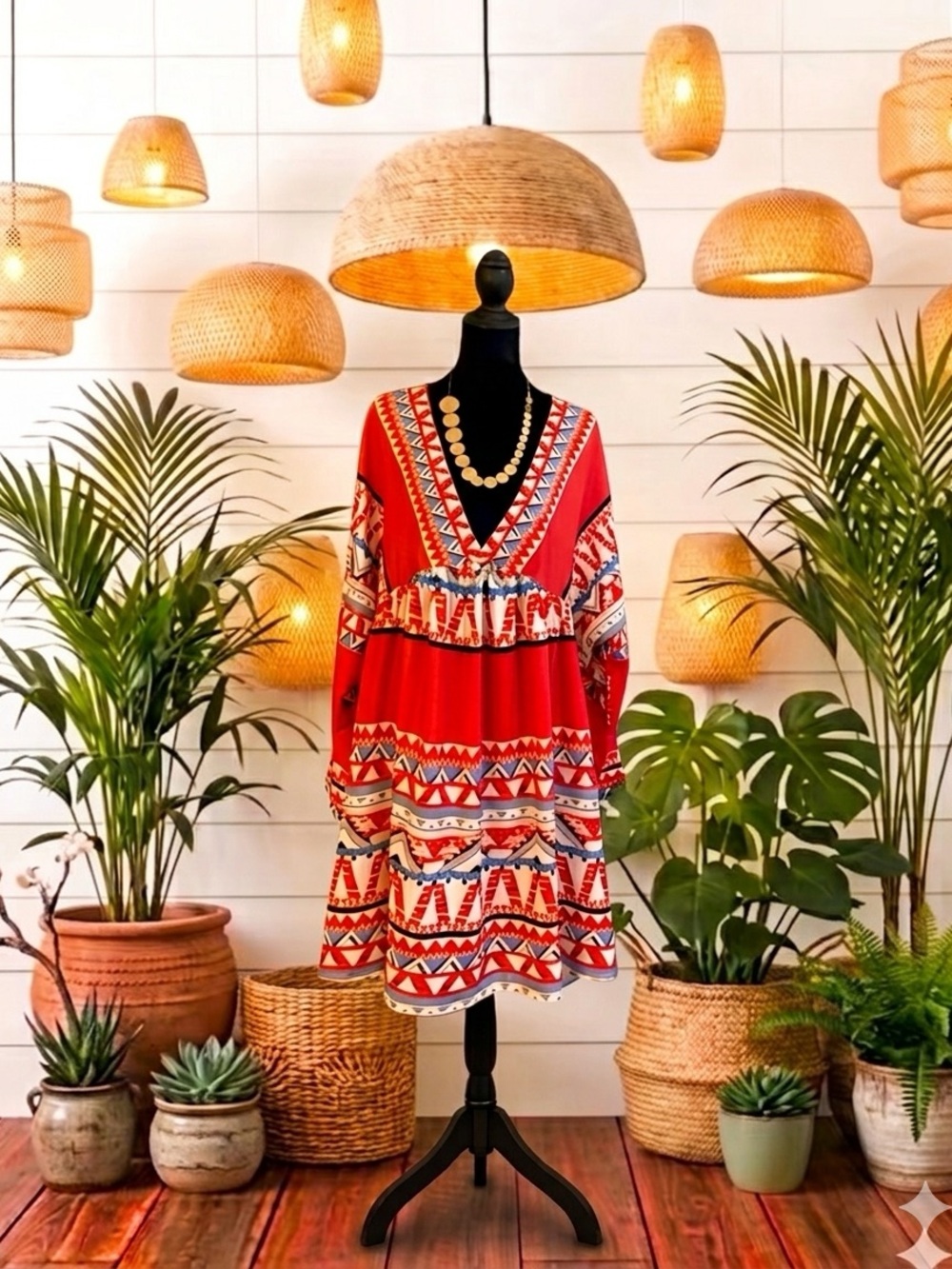 Boho V-Neck Tribal Council Printed Tiered Mini Dress